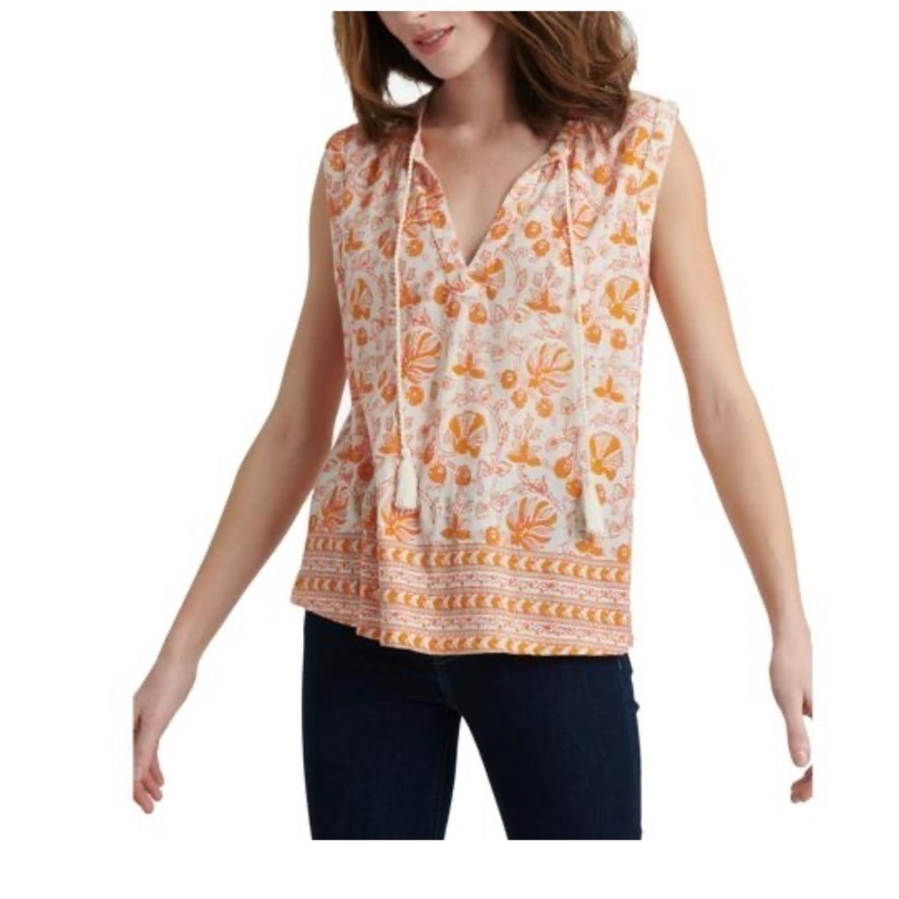Lucky Brand Woodblock Floral Tie Front Tank Top